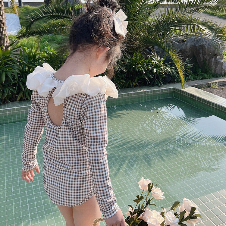 Maillot de bain une pièce à manches longues et col fleuri pour filles