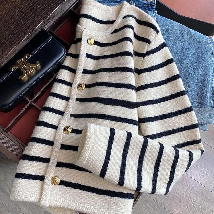 Black And White Striped Knitted Cardigan Women's Outer Wear Cropped Sweater Coat