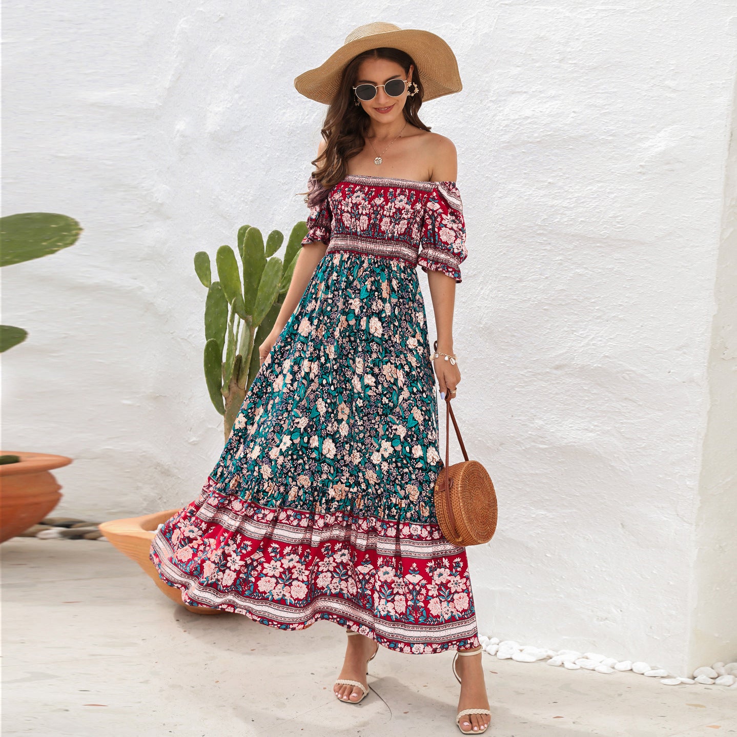 Bohemian Beach Holiday Dress Off-shoulder Puff Sleeve