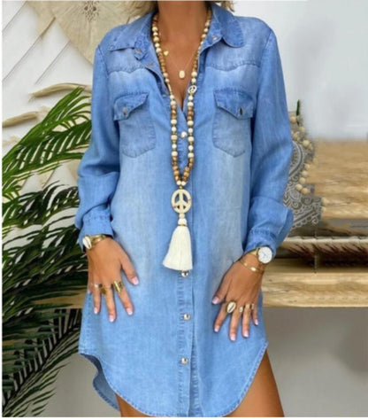 Women's Solid Color Single-breasted Long Sleeve Denim Dress