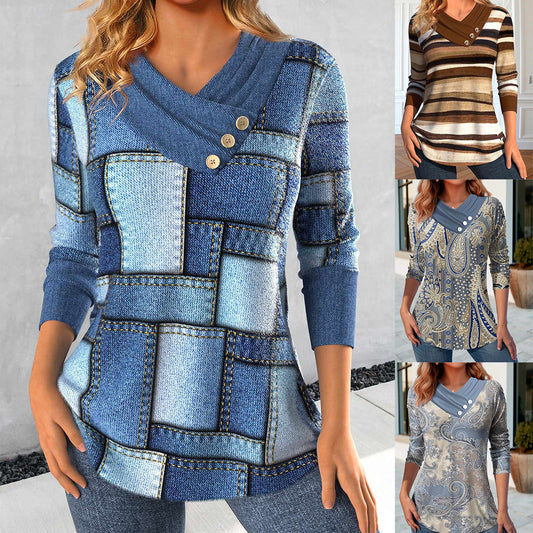 Female V-neck Casual Printed Pullover