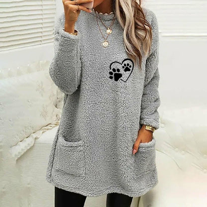 Autumn Women's Loose Long Sleeve Love Footprints Print Double-sided Velvet Sweatshirt