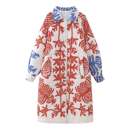 Autumn Women's Fashion Printed Mid-length Cotton Clothing Coat