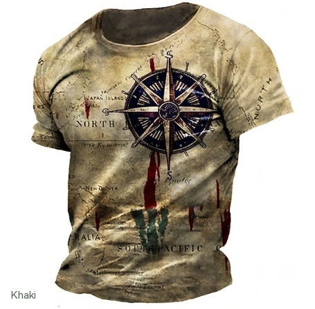 Summer New Men's T-shirt 3D Compass Printed Round Neck Short Sleeve