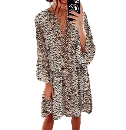 Women's Clothing Leopard Print V-neck Plus Size Loose Long Sleeve Dress