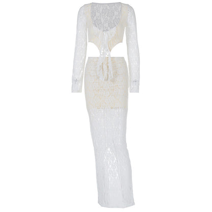 Long Sleeve Lace Lace-up Hollow-out Dress Suit Female Temperament