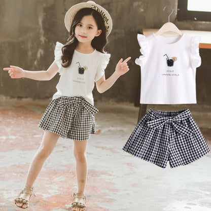 Children's Clothing Girls Suit Short-sleeved Two-piece Korean-style Bow Check Shorts