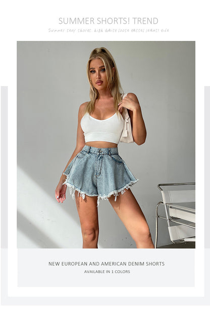 High Waist Loose-fitting Tassel Denim Shorts For Women