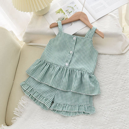 Two-piece Ruffled Plaid Suspender Top And Shorts