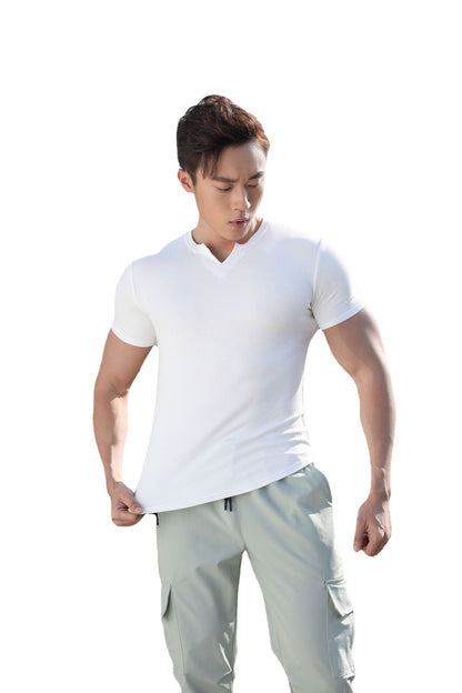 Men's V-collar Short Sleeve Coat Sports Quick-drying Solid Color Outdoor Fitness Running Slim