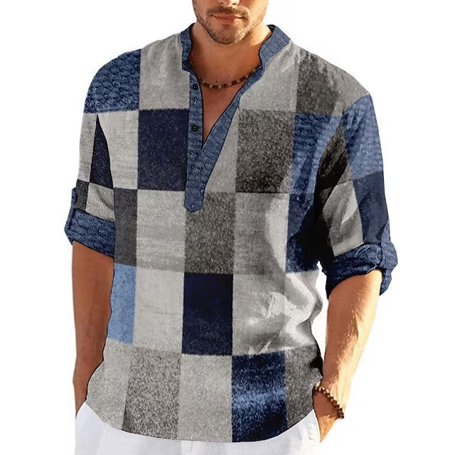 Spring And Autumn Simplicity Color Matching 3D Printed Stand Collar Men's Casual Shirt