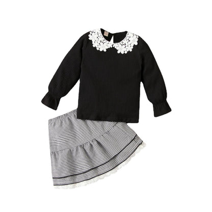 Girls Long Sleeve Knitted Lace Collar Top  Plaid Lace Short Skirt With Hat Three-piece Suit