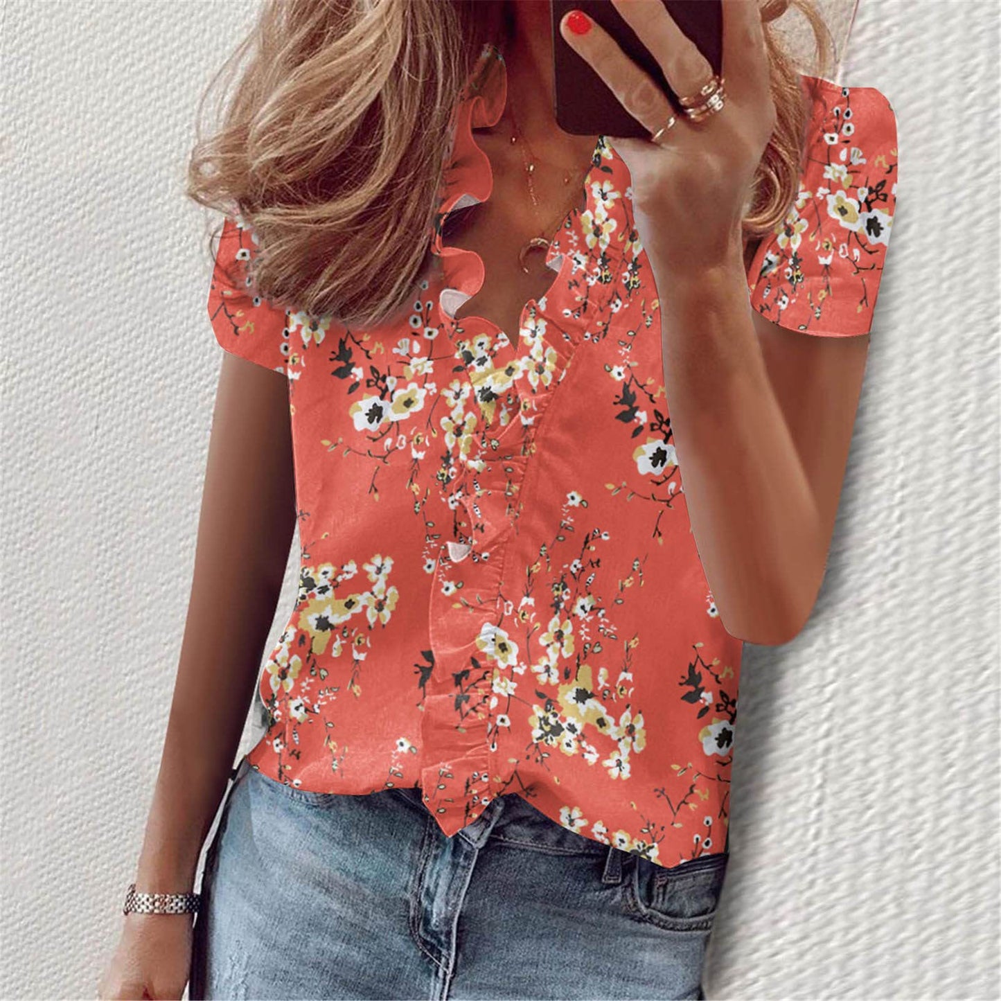 European And American Summer Ruffles Short Sleeve Slim Flower Print