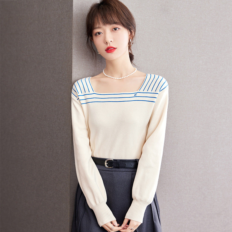 French Sailor Blue Striped Square Collar Sweater Retro Navy Style