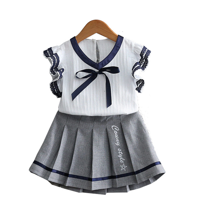 Children's wear girls Korean version of the summer dress set new lace short-sleeved college wind two-piece set of a generation of tide