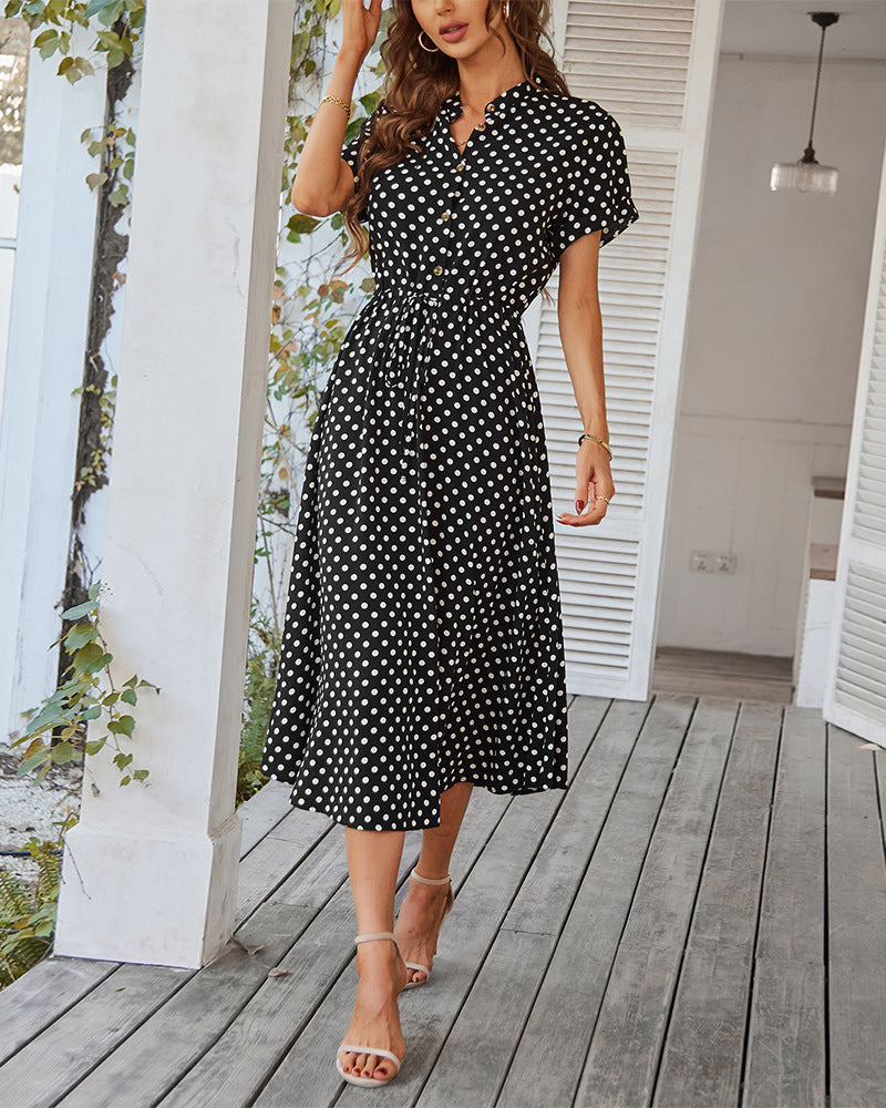 Polka Dot Print Shirt Collar Large Swing Dress