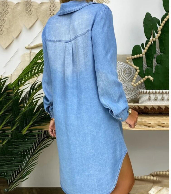 Women's Solid Color Single-breasted Long Sleeve Denim Dress