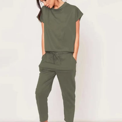 Short Sleeve Round Neck Top And Drawstring Cropped Pants Set