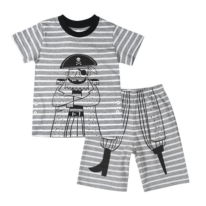 Children's Striped Short-sleeved Elastic Waist Shorts, Cartoon Casual Sweater Suit