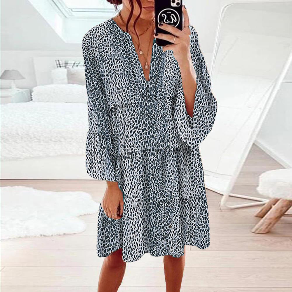 Women's Clothing Leopard Print V-neck Plus Size Loose Long Sleeve Dress