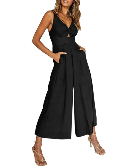 Summer V-neck Brace Hollow Out Pleating High Waist Wide Leg Pocket Women's Jumpsuit