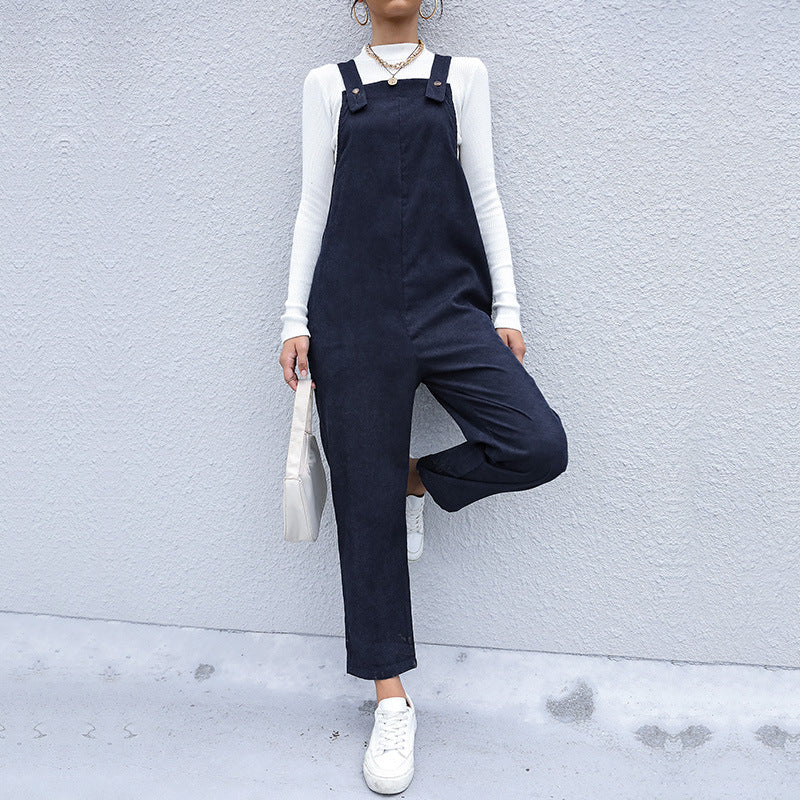 Women's Autumn Warm Corduroy Loose Solid Color Suspender Pants