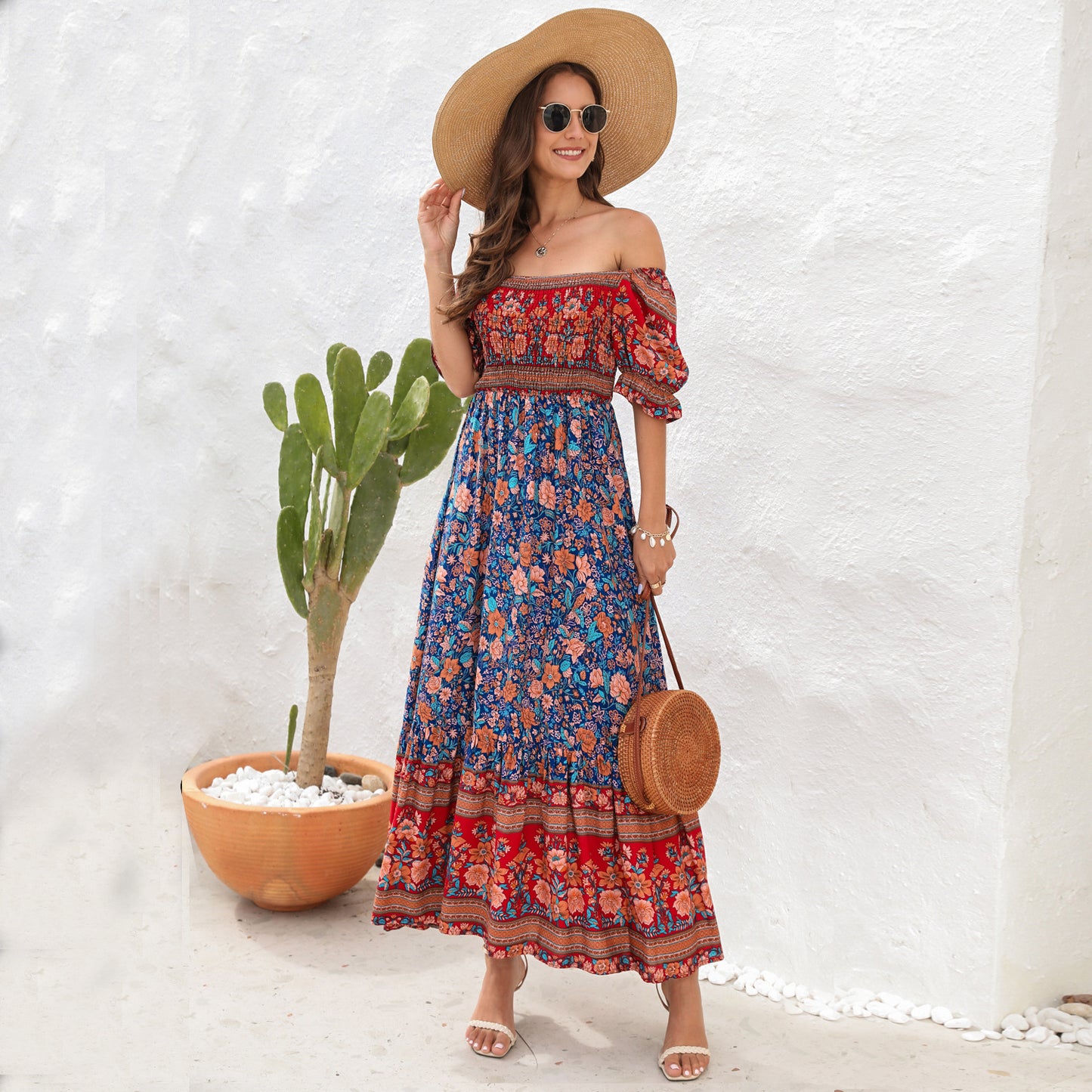 Bohemian Beach Holiday Dress Off-shoulder Puff Sleeve