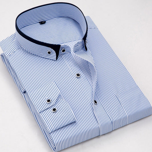 Spring Buckle Collar Pointed Collar Vertical Stripe Inch Shan Men's Youth Slim Blue Casual Shirt