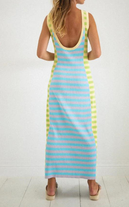 Square Collar Striped Color Matching Backless Knitted Sleeveless Dress