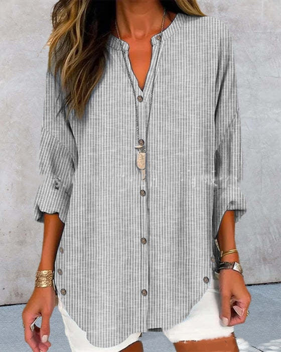 Casual Fashion Button Striped Long Sleeve Solid Color Shirt