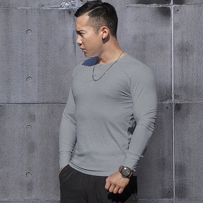 Men's High Elastic Solid Color Sports Casual Button Long Sleeve