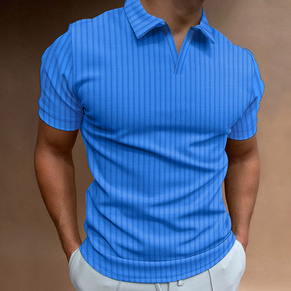 New Polo Shirt Lapel V-line Striped Short-sleeved Men's T-shirt