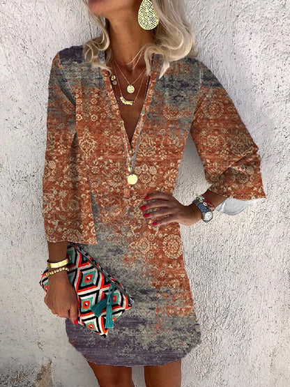 Summer V-neck Hanging Long Sleeve Printed Beach Bohemian Style Short Loose Dress Women