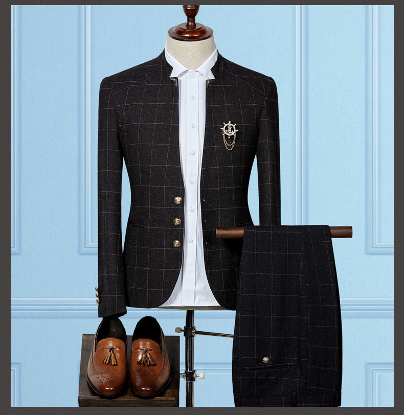 Business Men's Stand-up Collar Suit Two-piece Korean Style Sportsman Slim Suit Suit