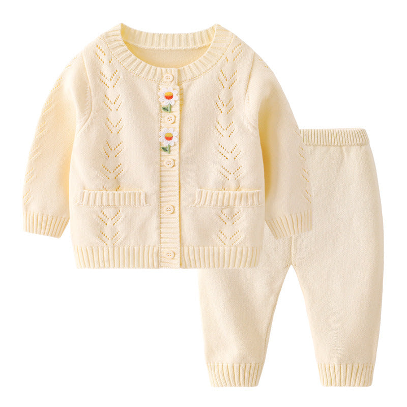 Children's Casual Knitted Cotton Yarn Cardigan Top Pants Suit