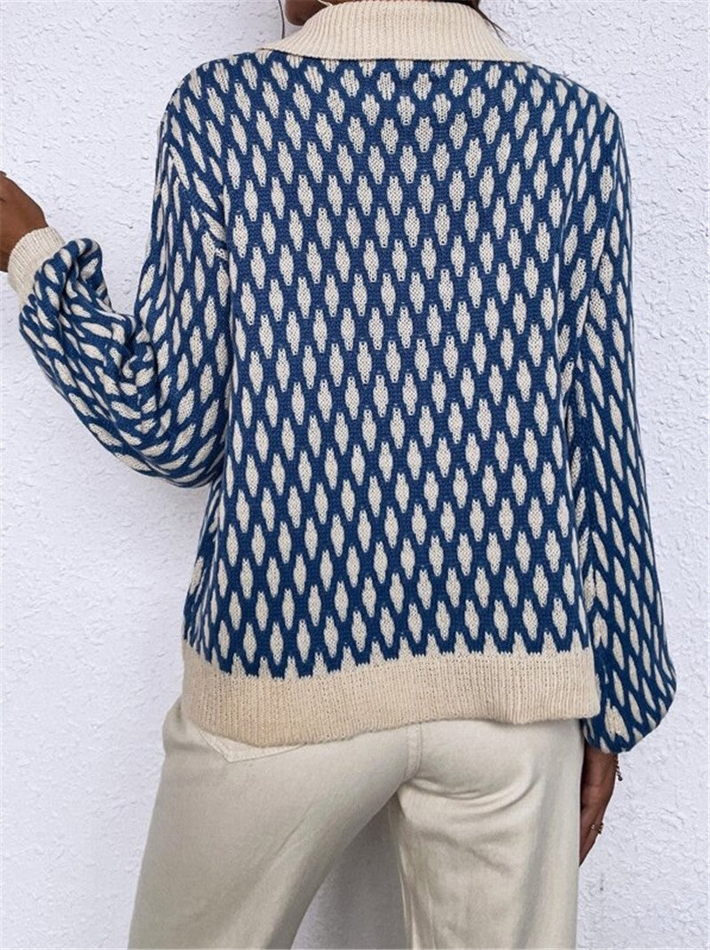 French Style Diamond Patterns Lantern Sleeve Contrast Color Sweater