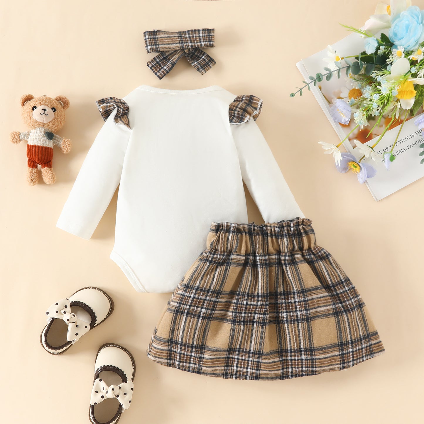 Children's Top Bow Plaid Skirt