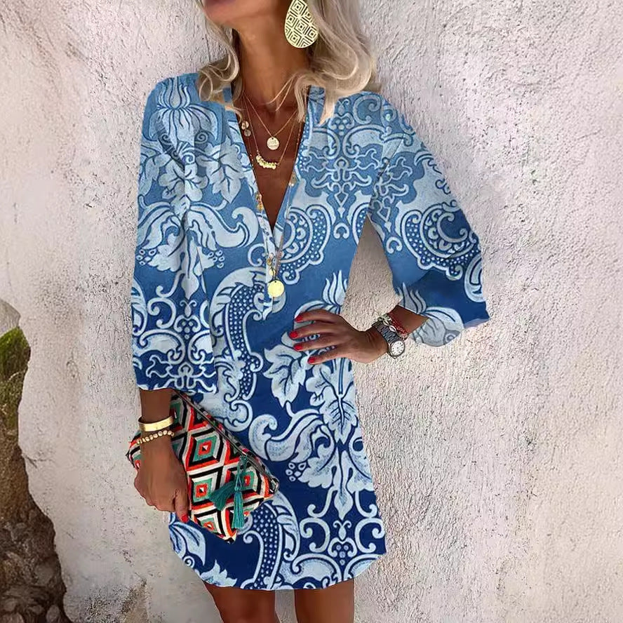 Summer V-neck Hanging Long Sleeve Printed Beach Bohemian Style Short Loose Dress Women