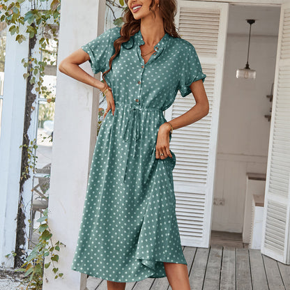 Polka Dot Print Shirt Collar Large Swing Dress