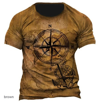 Summer New Men's T-shirt 3D Compass Printed Round Neck Short Sleeve