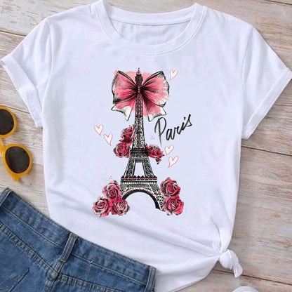 Flower Plant Bottoming Shirt Half Sleeve Simple Cartoon