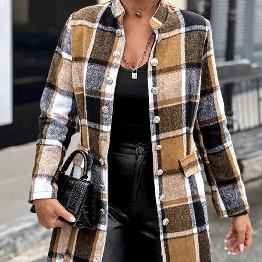 Autumn And Winter New Round Neck Long Sleeve Plaid Wool Coat Long Shirt