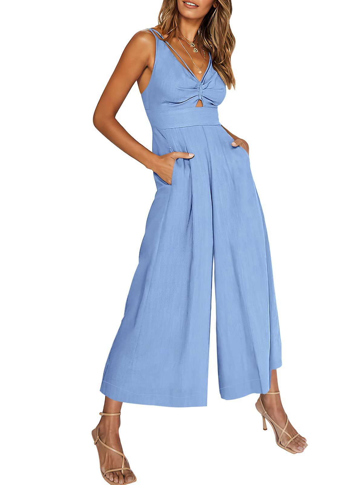 Summer V-neck Brace Hollow Out Pleating High Waist Wide Leg Pocket Women's Jumpsuit