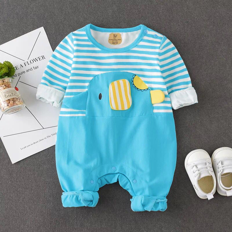 Infant Crew Neck Striped Elephant Print Romper