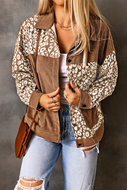 Women's Corduroy Jacket Leopard Splicing Jacket