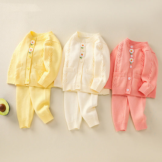 Children's Casual Knitted Cotton Yarn Cardigan Top Pants Suit