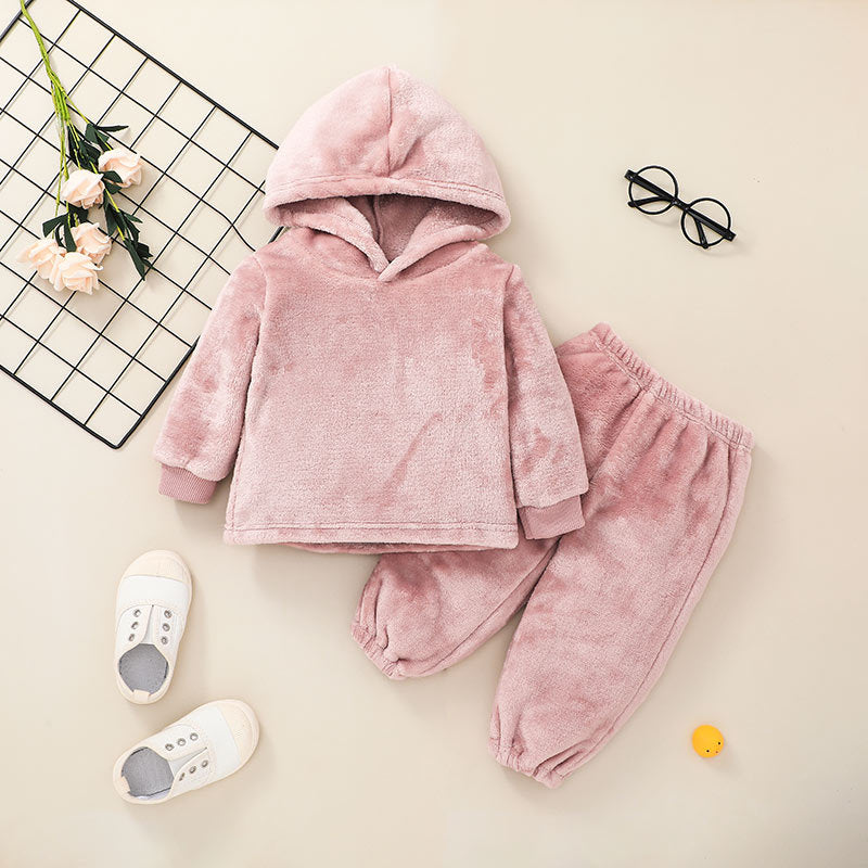 Autumn And Winter Baby Hooded Tops Two-piece Suit