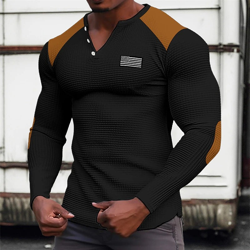 Men's Waffle V-neck T-shirt Top Long Sleeve