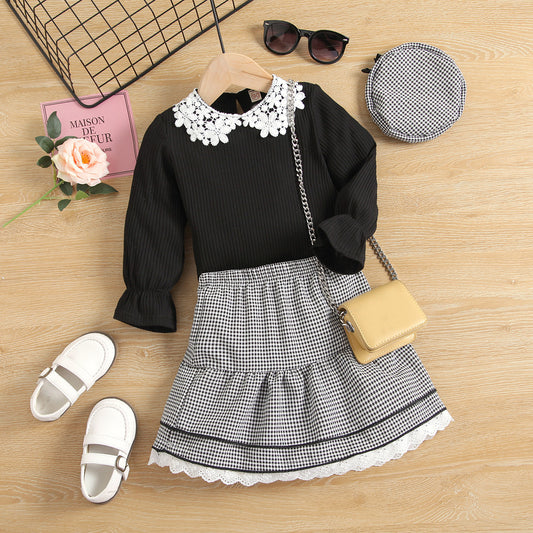 Girls Long Sleeve Knitted Lace Collar Top  Plaid Lace Short Skirt With Hat Three-piece Suit