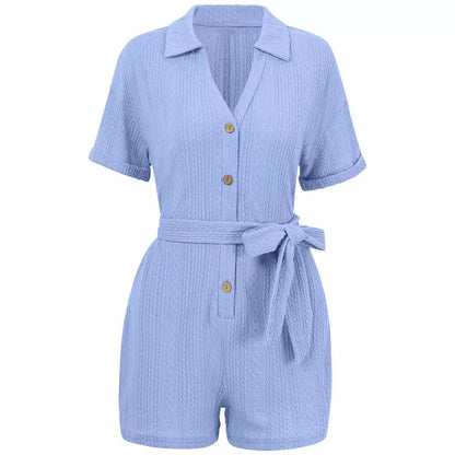 Women's Short-sleeved Lace-up Turn-down Collar Jacquard Knitted Solid Color Jumpsuit